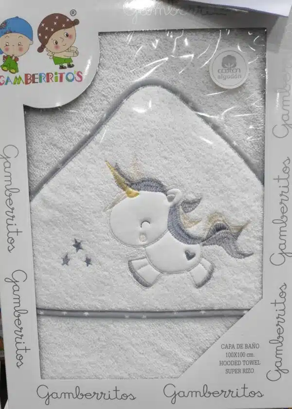 TOALLITA BEBE CAPA DE BAÑO CON CAPUCHA GAMBERRITOS 310217 UNICORNIO corazon Blanco /GRIS TOALLA ALGODON  100 X 100 CM