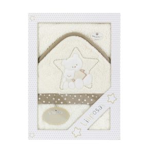 Toalla Capa de Baño con Capucha 1m x1m LILIPOSAS mod 1204 Oso Estrella Beig Bebe niñoa